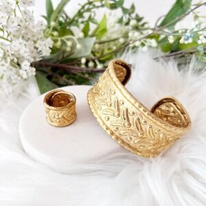 Gold Plated Vintage Greek Palmette Bangle and Ring Set